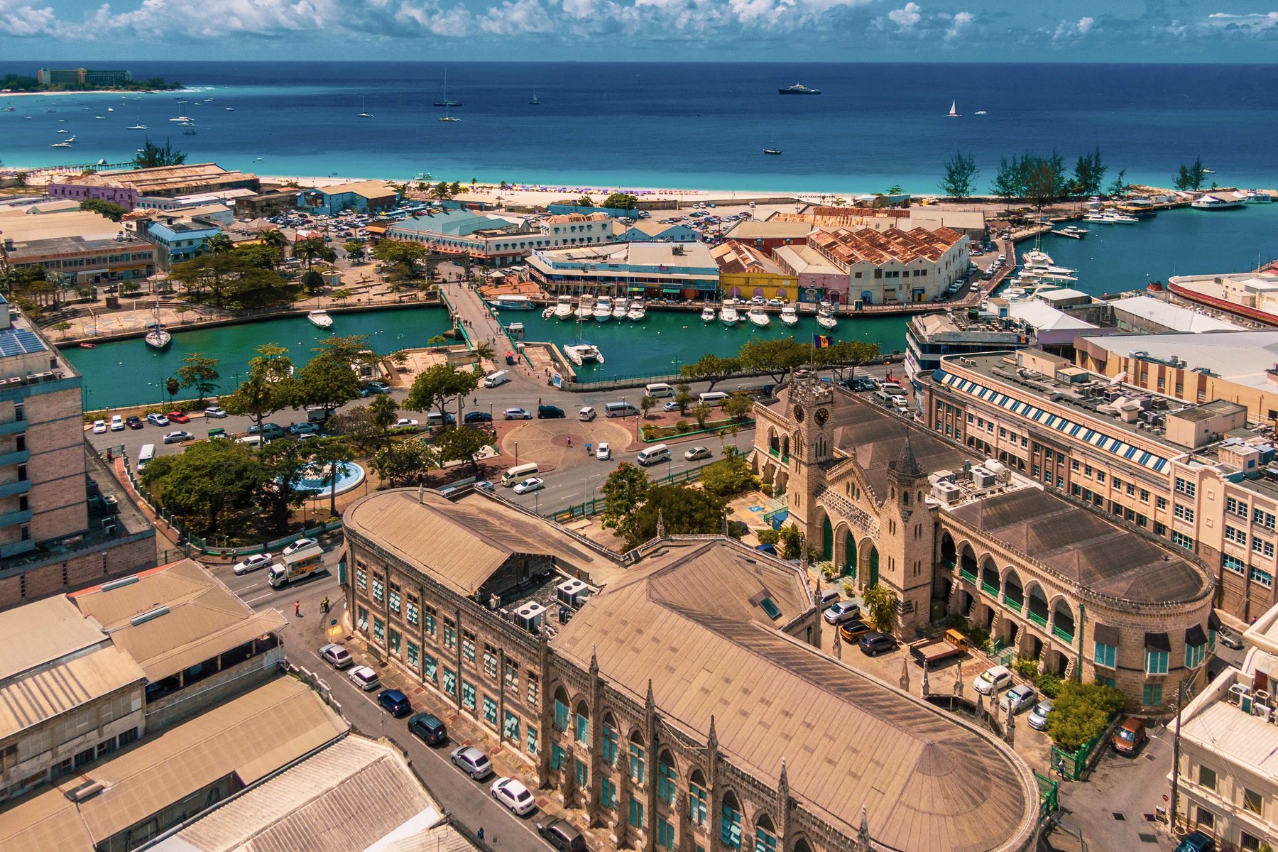 Aerial view of Bridgetown, Barbados — the Parliament Buildings, the Careenage and the working harbour beyond