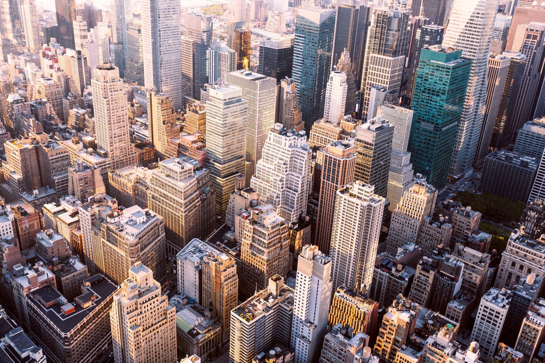 Dense high-rise towers seen from above in late afternoon light