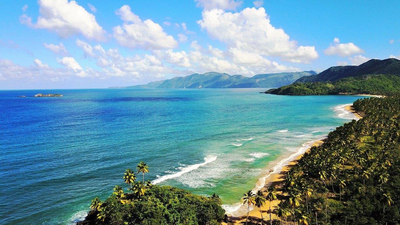 Aerial view of a palm-fringed beach curving along a turquoise and blue coastline.