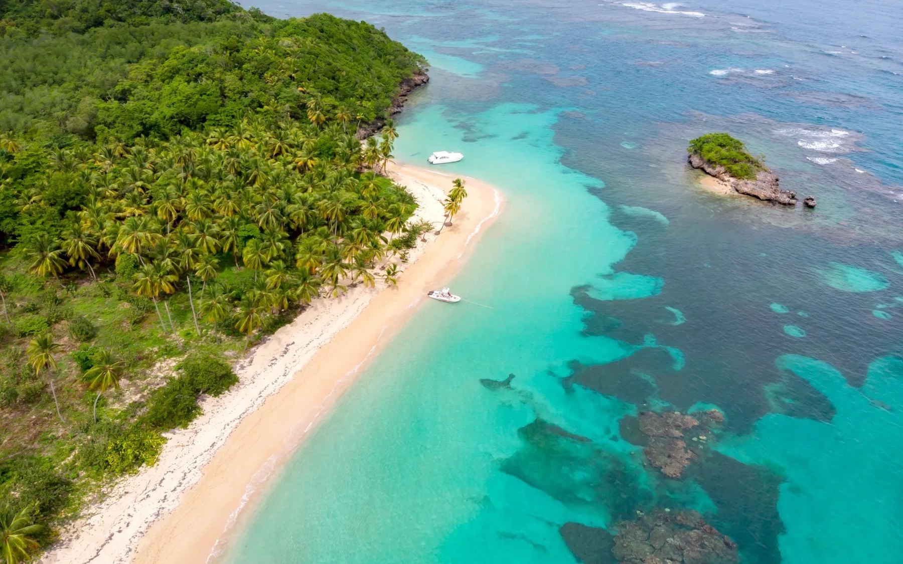 Aerial view of a palm-covered spit, pale sand and patterned coral shallows.