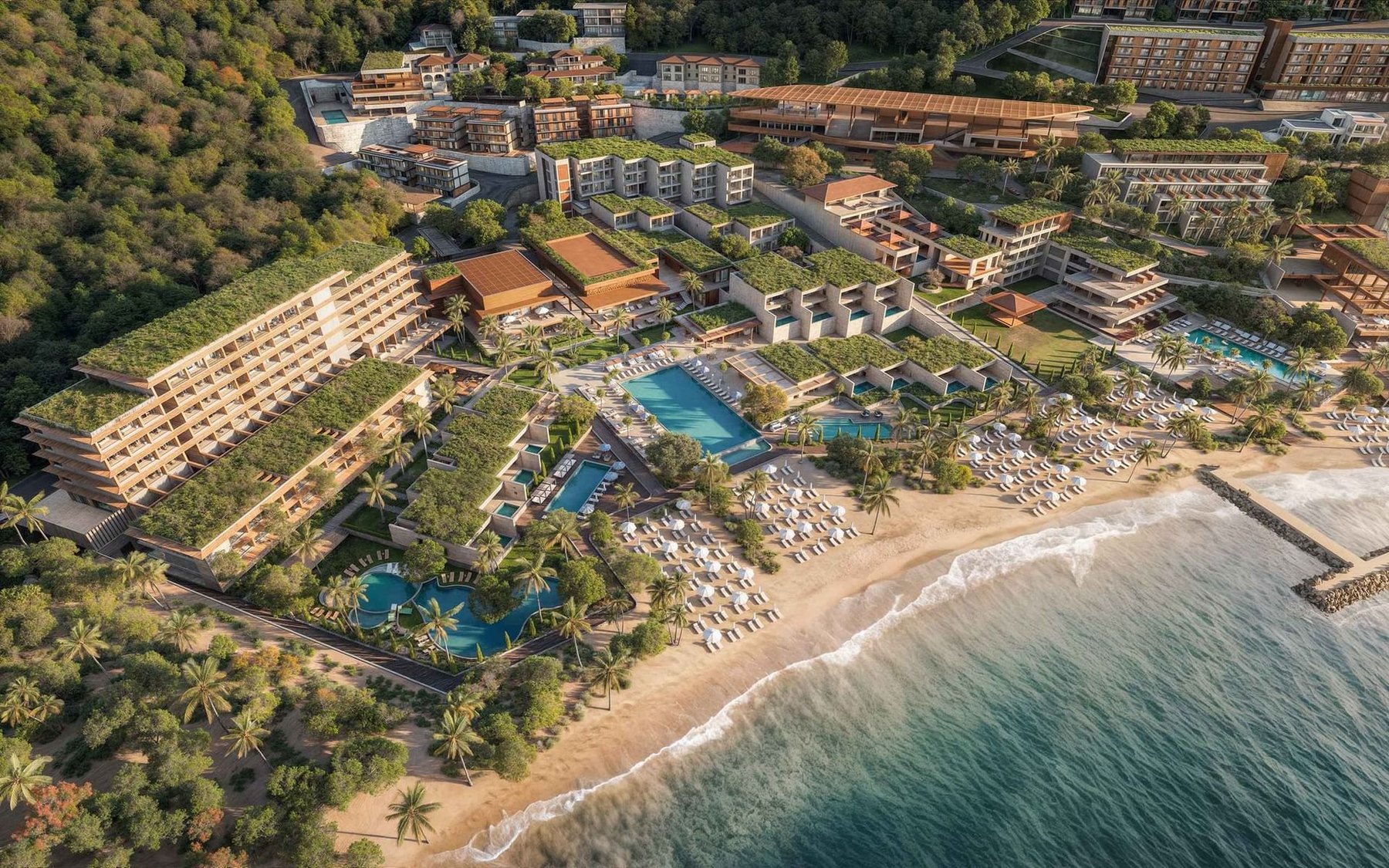 Artist's rendering of A'ILA St. Lucia resort pools and beachfront loungers seen from above