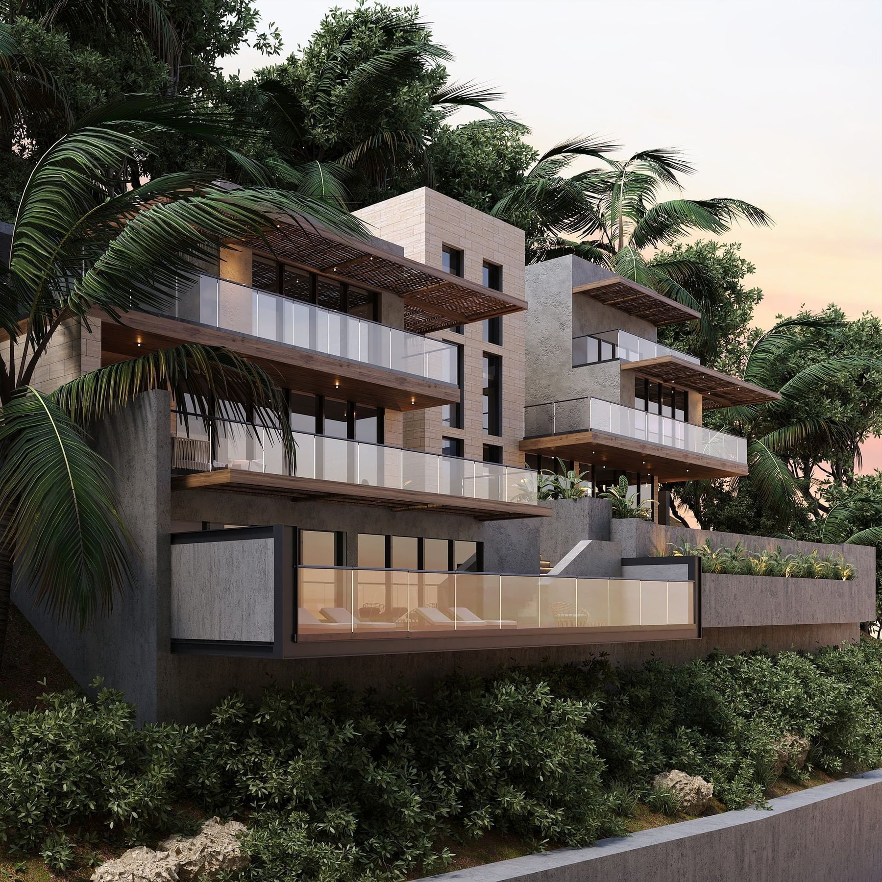 Artist's rendering of terraced hillside residences at A'ILA St. Lucia at dusk