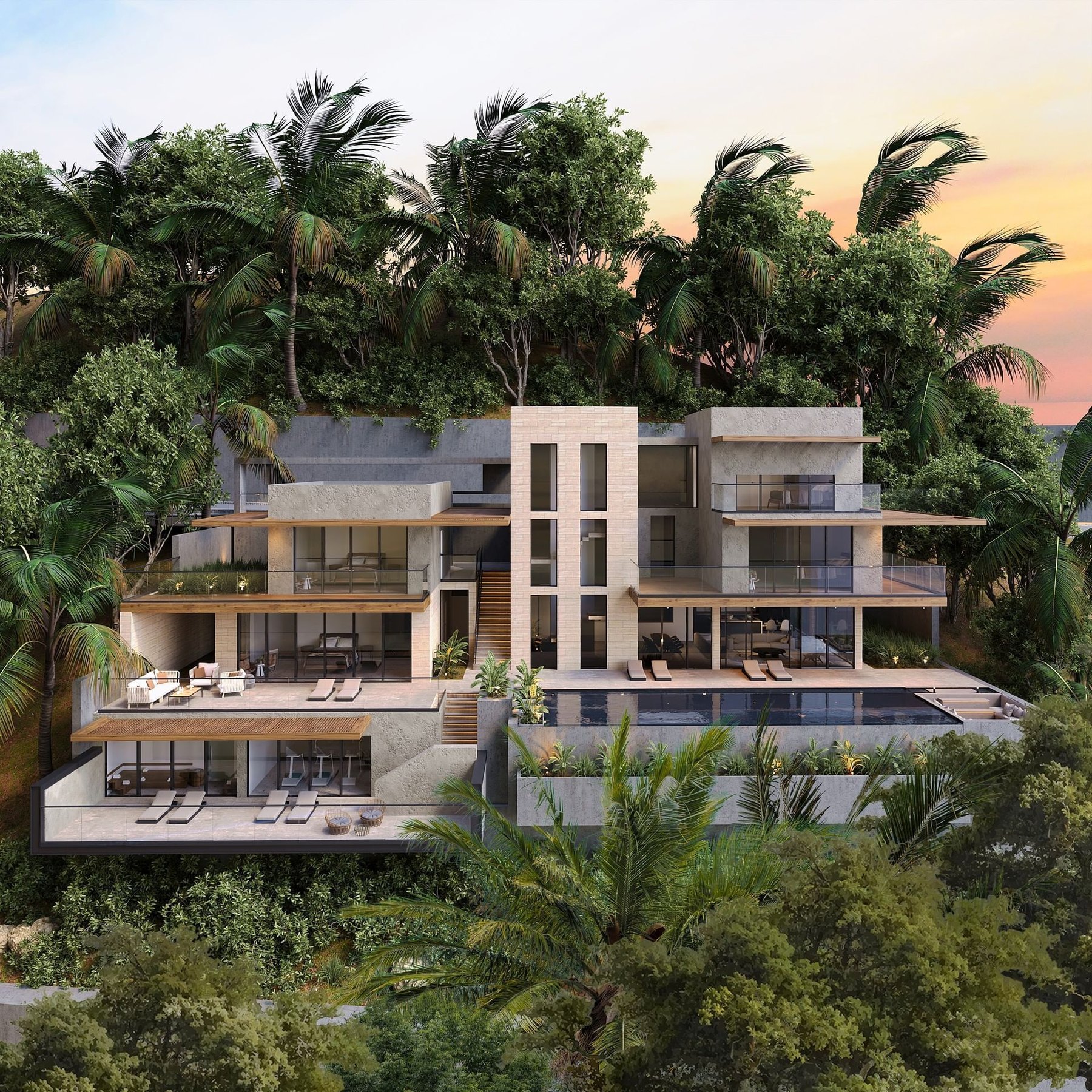 Artist's rendering of a hillside A'ILA St. Lucia residence with infinity pool at sunset
