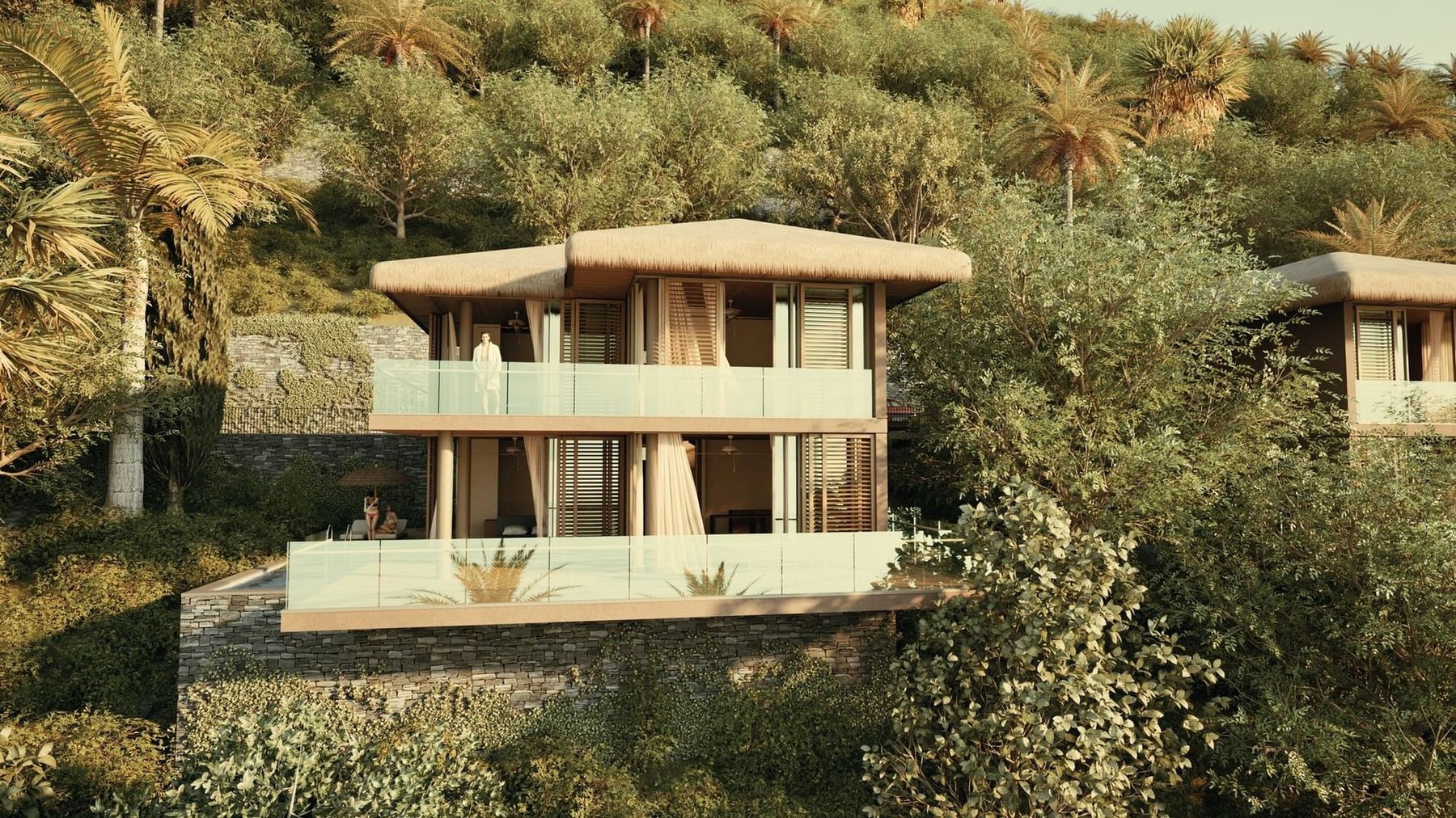 Artist's rendering of a thatched-roof A'ILA St. Lucia villa with hillside plunge pool