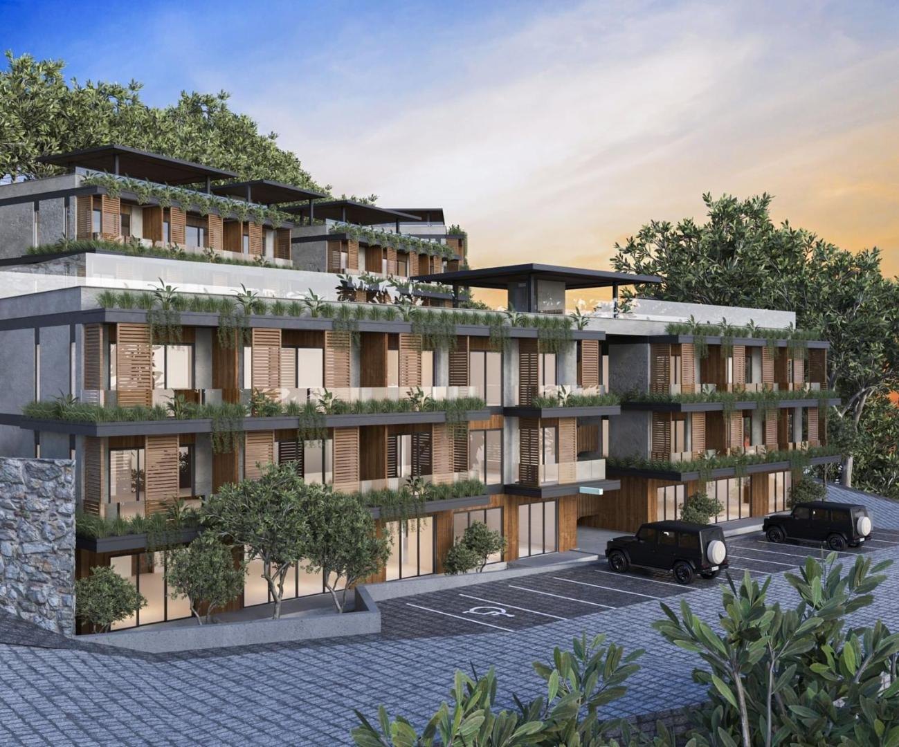 Artist's rendering of A'ILA St. Lucia condo building with planted balconies at sunset