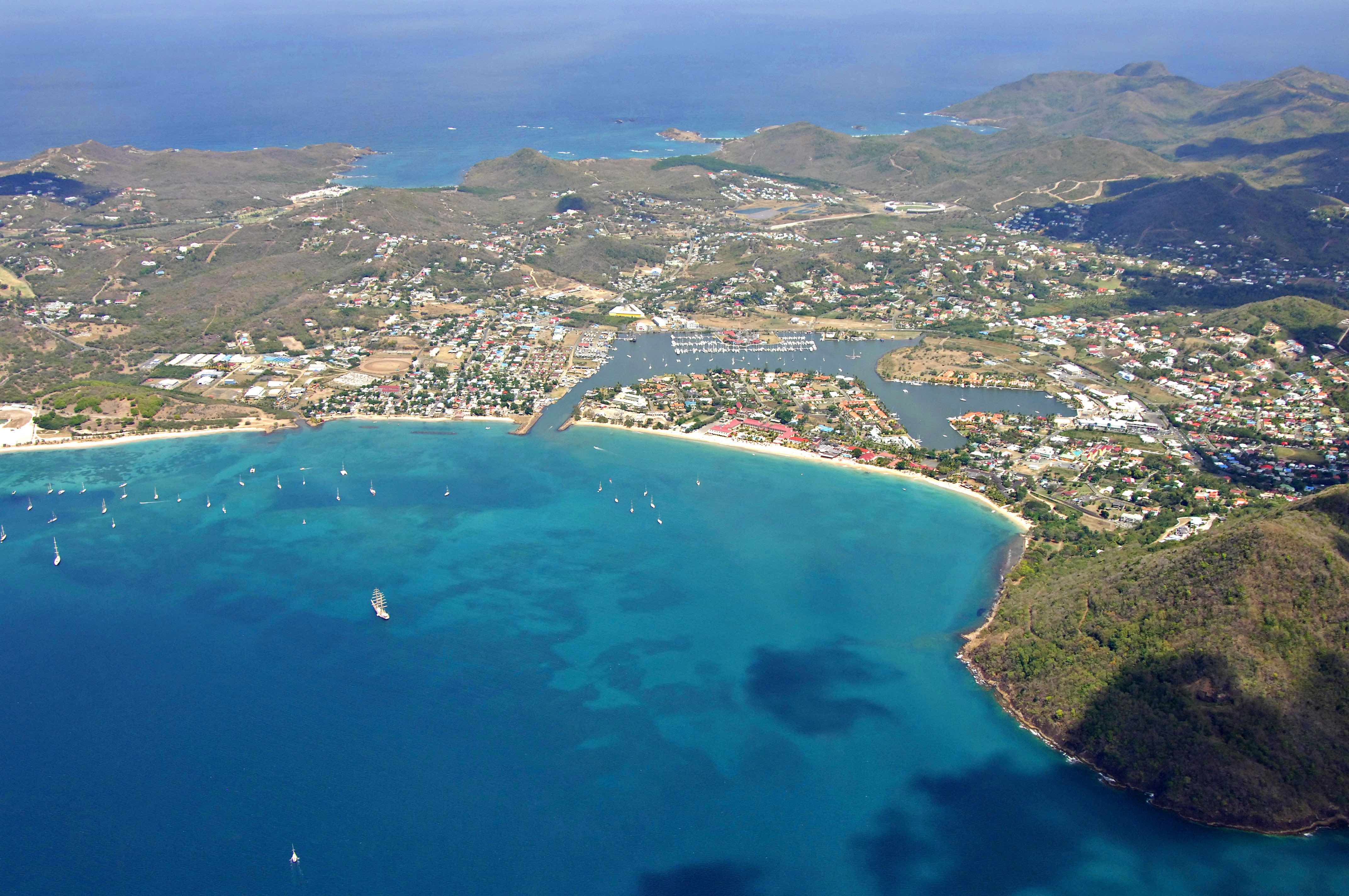 Aerial of Rodney Bay, the marina lagoon and Reduit Beach on St. Lucia's north-west coast, where A'ILA is being built