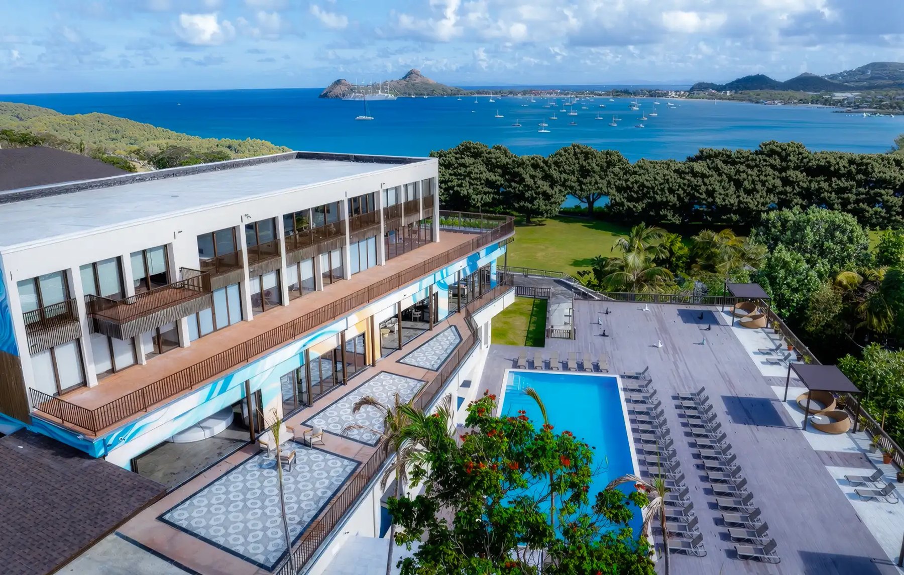 Hillside pool terrace overlooking Rodney Bay and Pigeon Island, St. Lucia