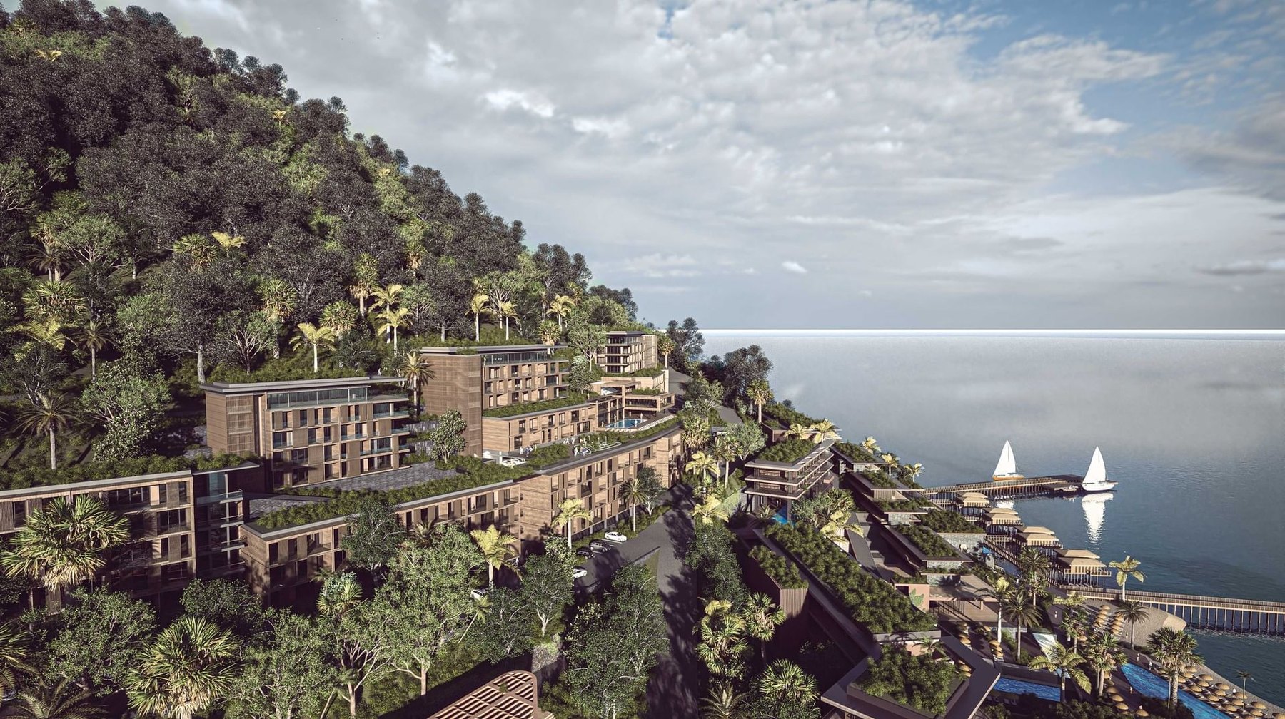 Artist's rendering of A'ILA St. Lucia hillside condos descending to the marina and beach club