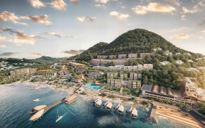 Artist's rendering of the full A'ILA St. Lucia masterplan on its forested Rodney Bay hillside