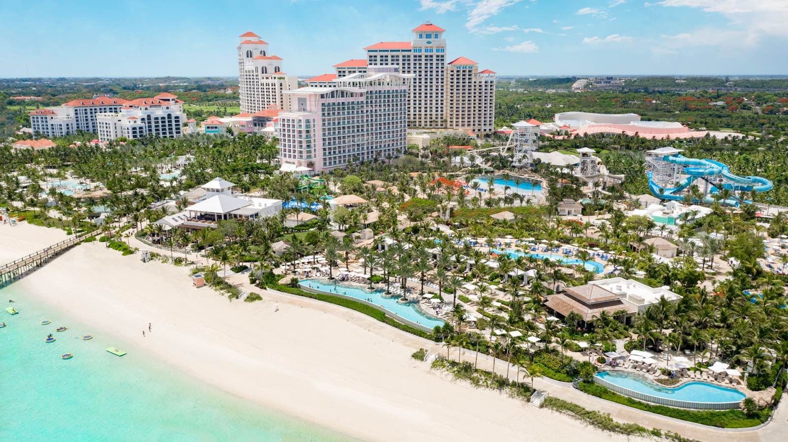 Aerial view of the Baha Mar resort towers, beachfront pools and pale sand of Cable Beach on New Providence, the Bahamas