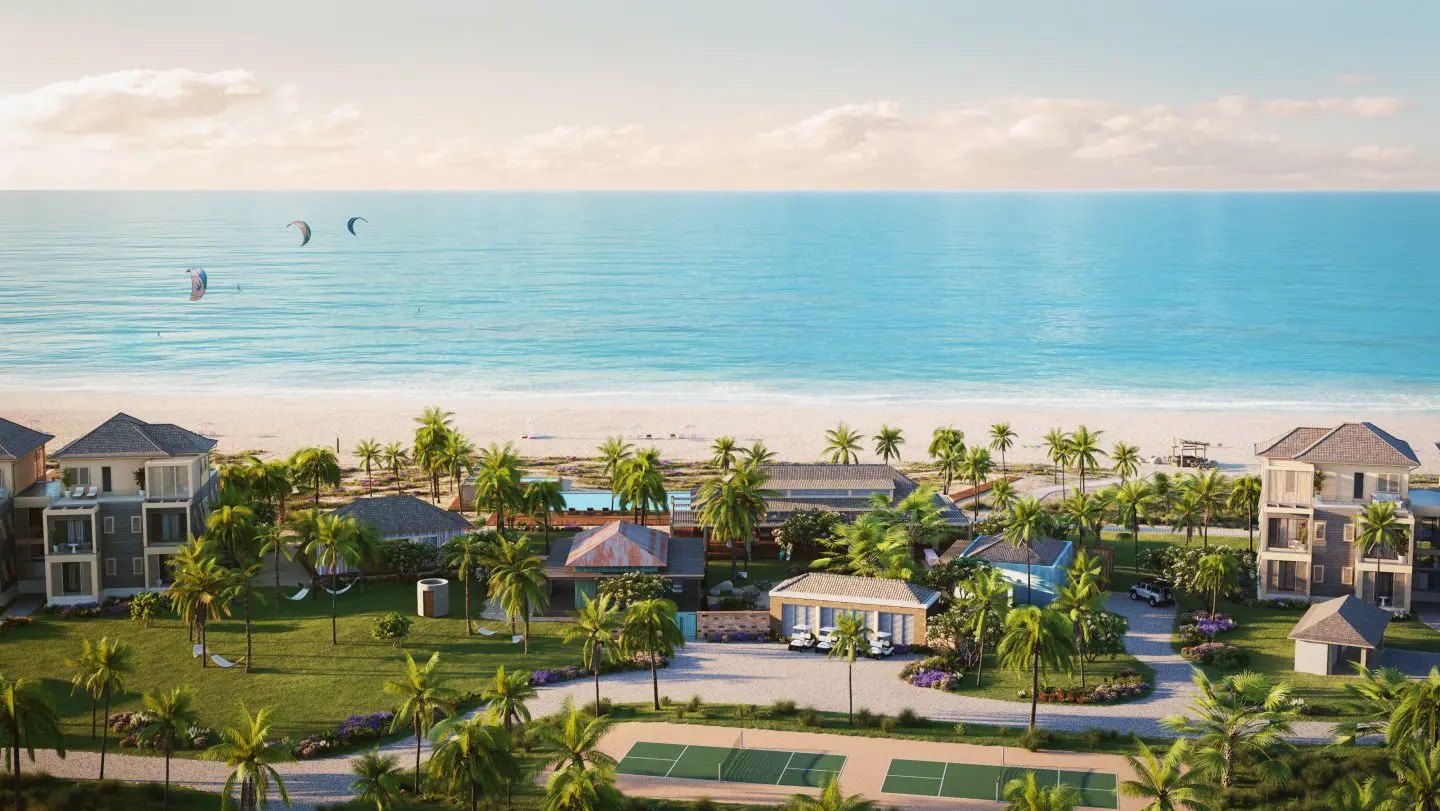 Artist's rendering of Barbuda Ocean Club beachfront residences, pool and sports courts above the sand