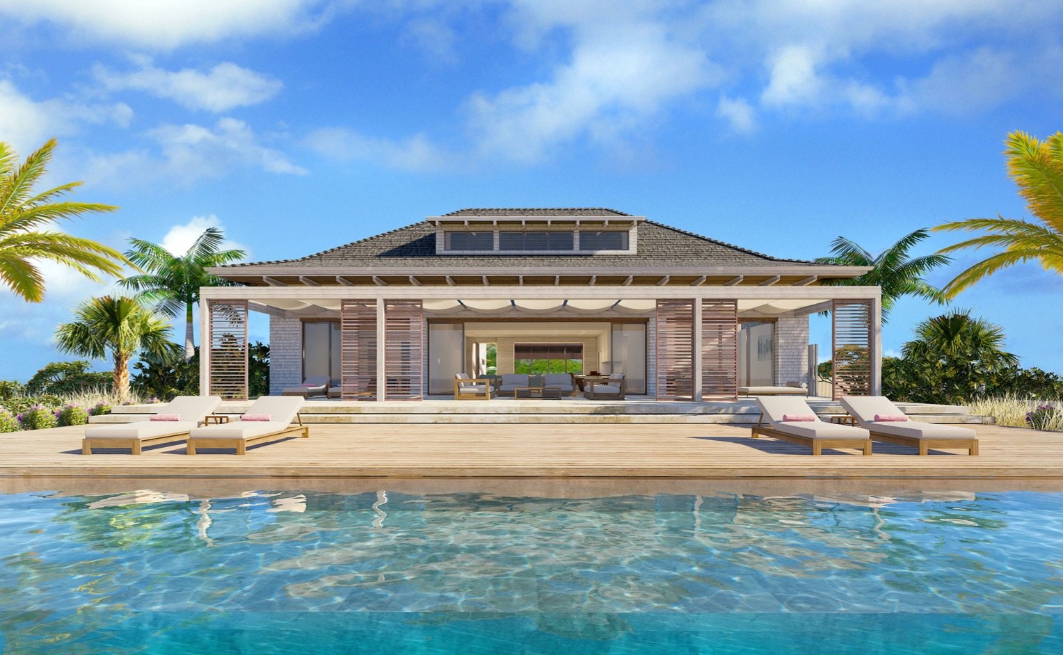 Artist's rendering of a single-storey Barbuda Ocean Club villa behind its infinity pool