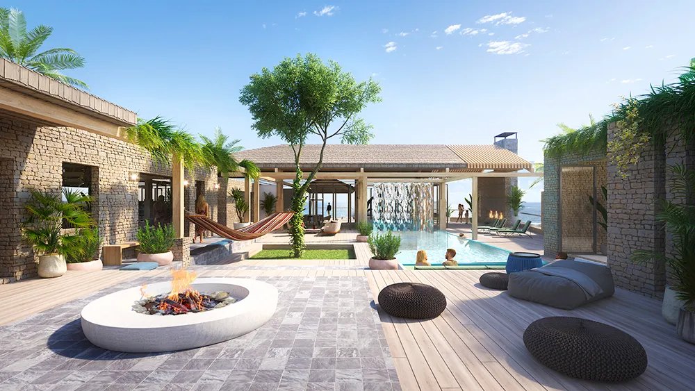 Artist's rendering of a courtyard fire pit, hammock and pool at Cabot Saint Lucia