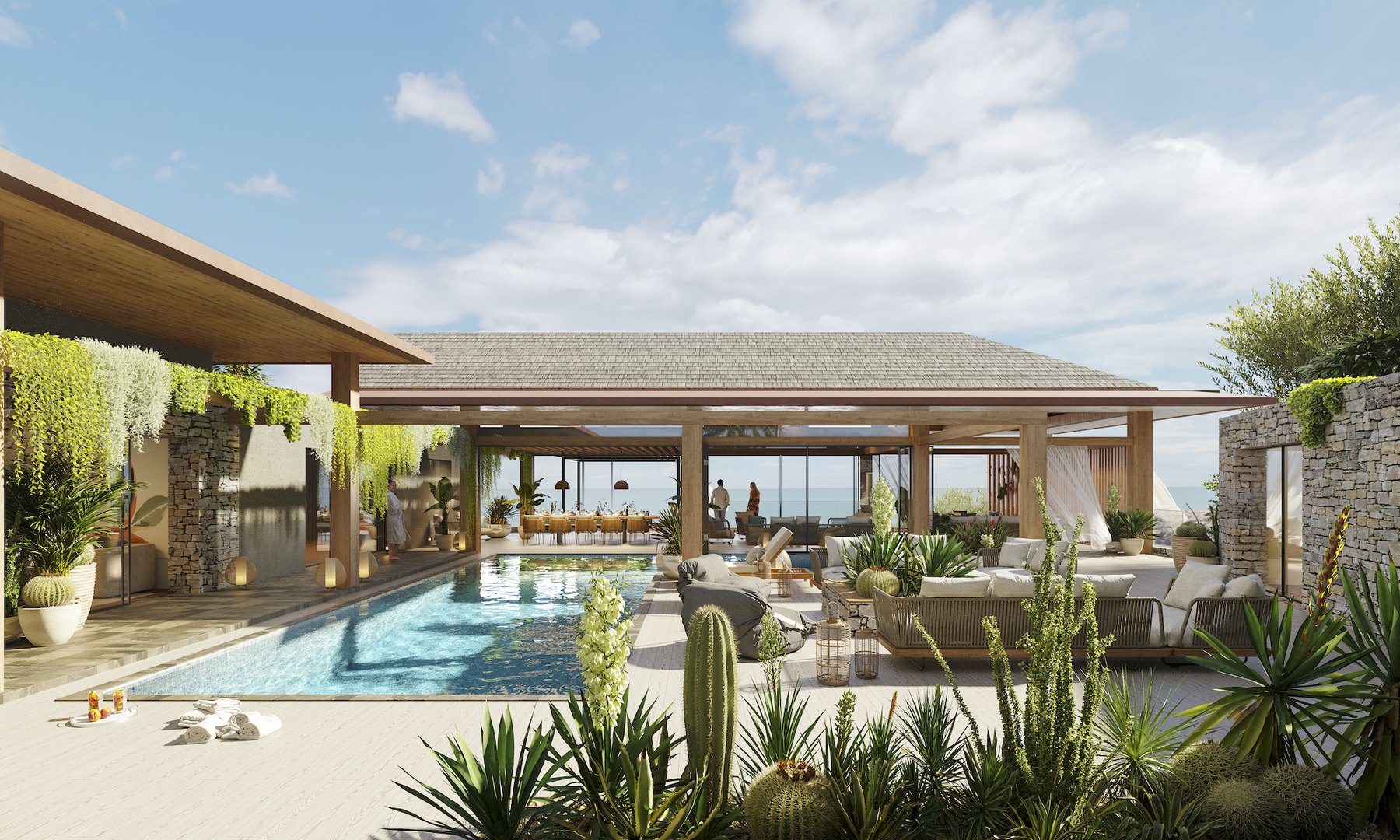 Artist's rendering of the clubhouse pool terrace and shaded pavilion overlooking the sea, Cabot Saint Lucia