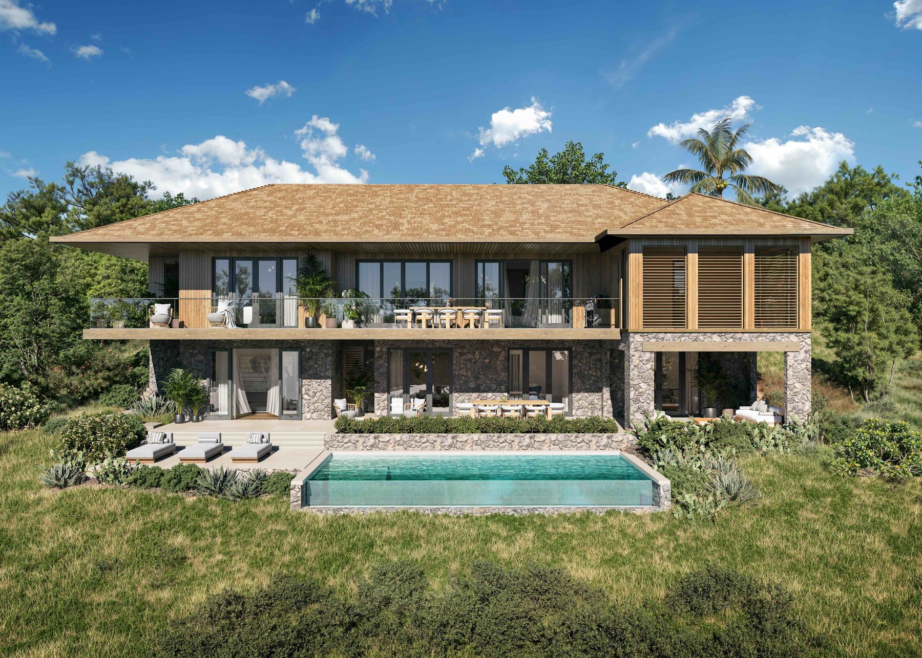 Artist's rendering of a two-storey stone and timber villa with lap pool, Cabot Saint Lucia
