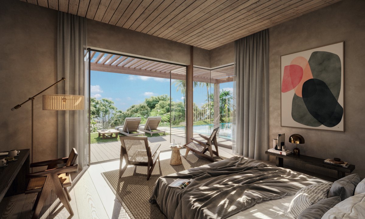 Artist's rendering of a villa bedroom opening onto a private pool terrace, Cabot Saint Lucia