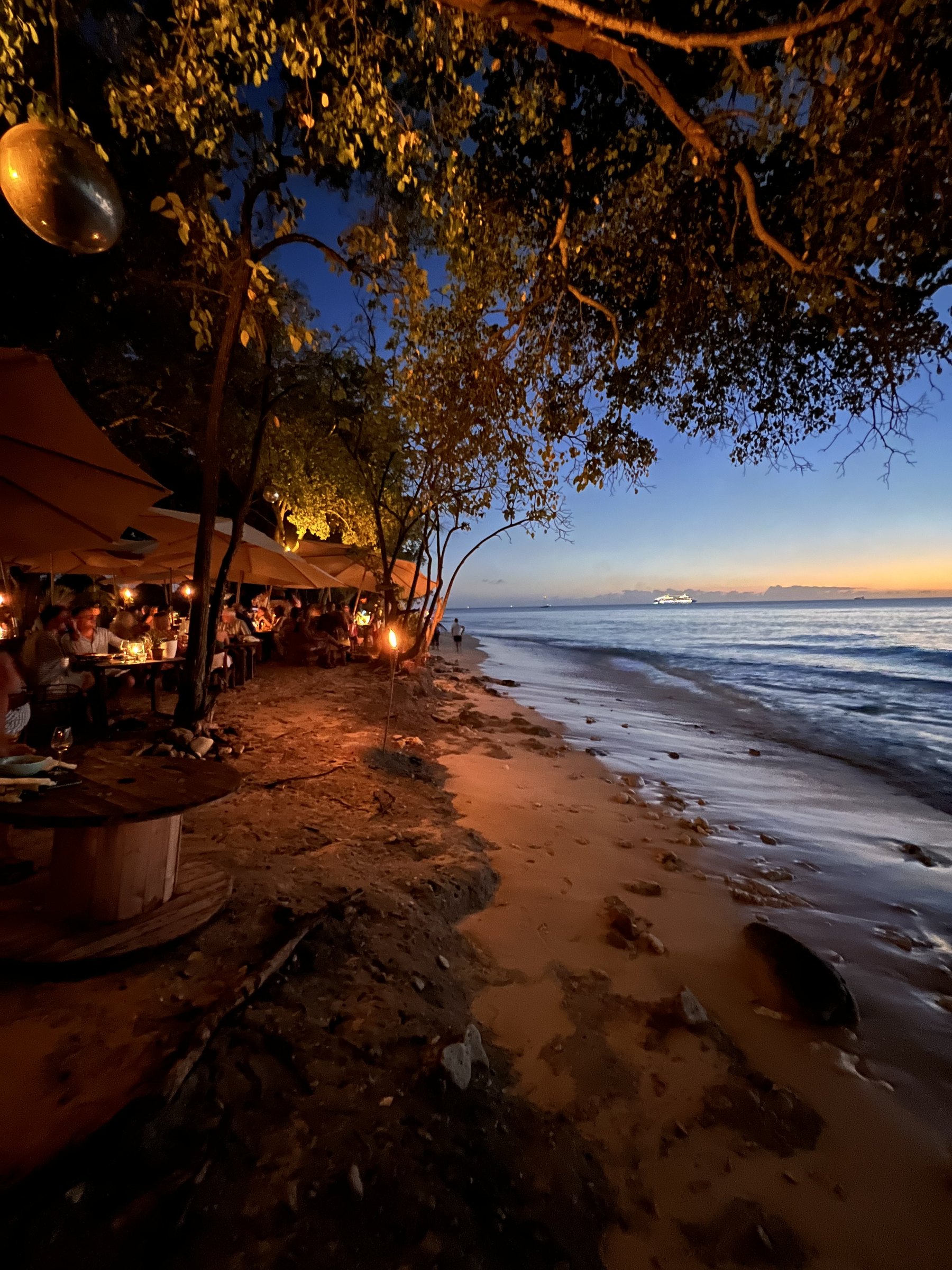 Candlelit tables under trees beside the shore at dusk, with the sea beyond