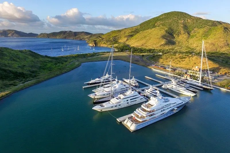Superyachts berthed at The Marina at Christophe Harbour on St Kitts' southeast peninsula
