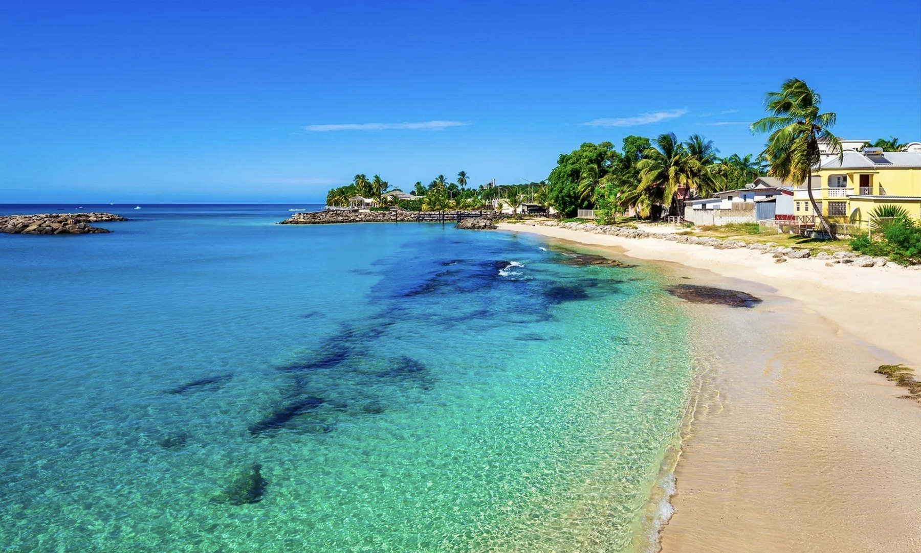 Clear shallow bay with dark reef patches beside houses and palms on a sandy point