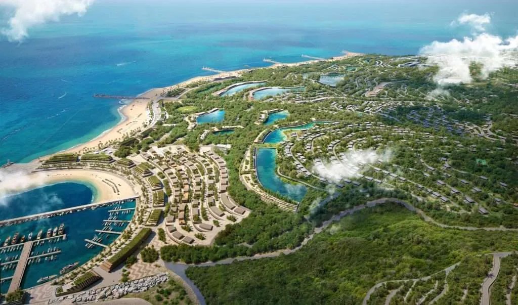 Artist’s rendering of the Destiny master plan on Nevis's south coast, showing the marina, beaches, lakes and terraced low-rise residences set out by Skidmore, Owings & Merrill