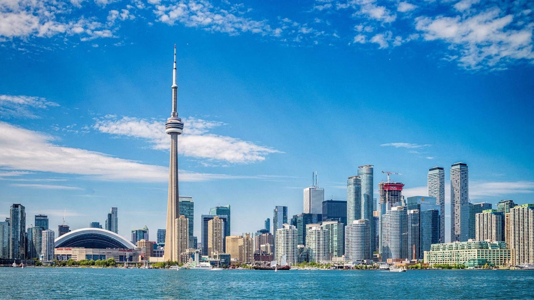 Waterfront skyline of glass towers and a tall needle tower under bright blue summer sky