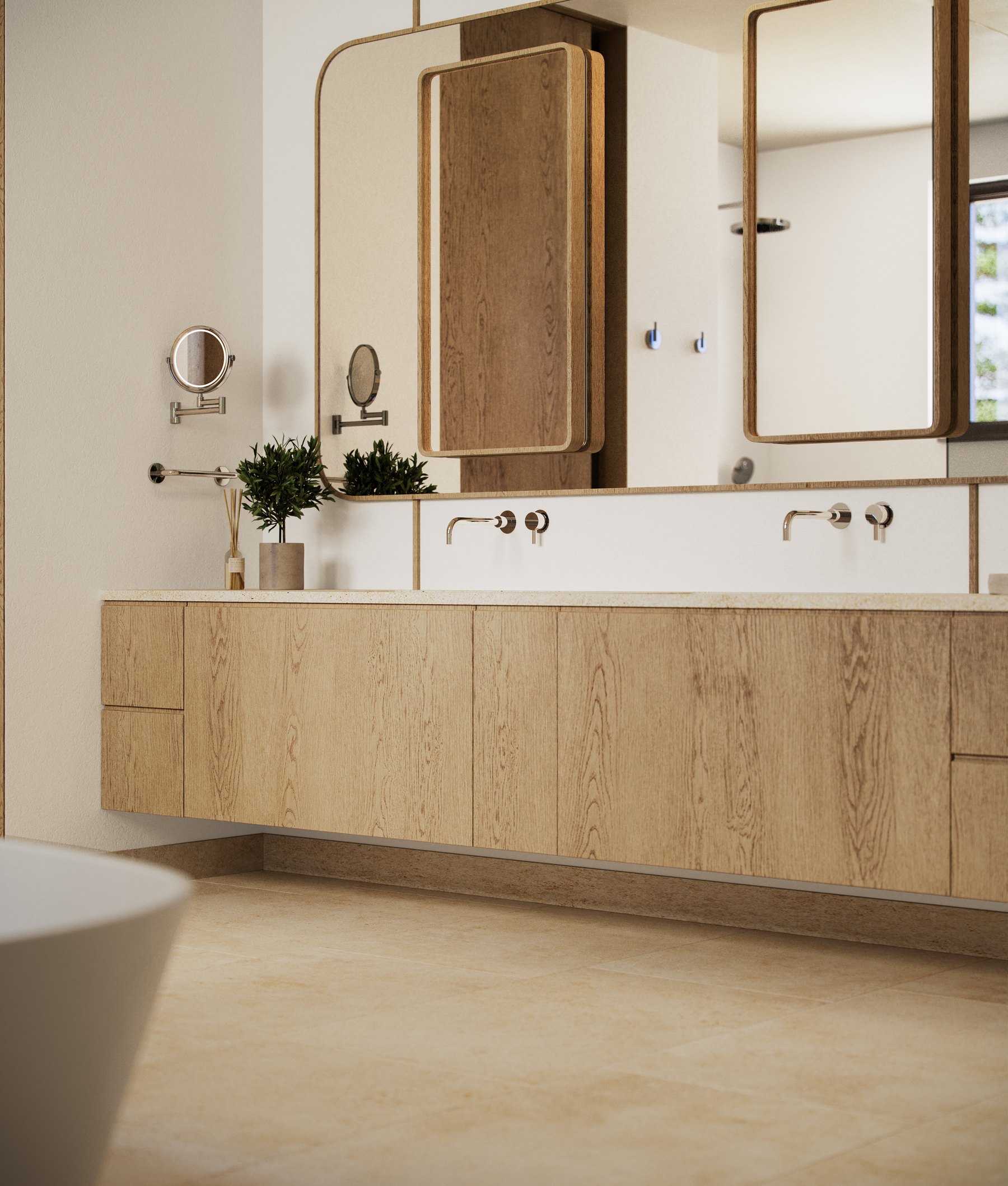 Artist's rendering of oak vanity and travertine detail in a Four Seasons Nevis bathroom