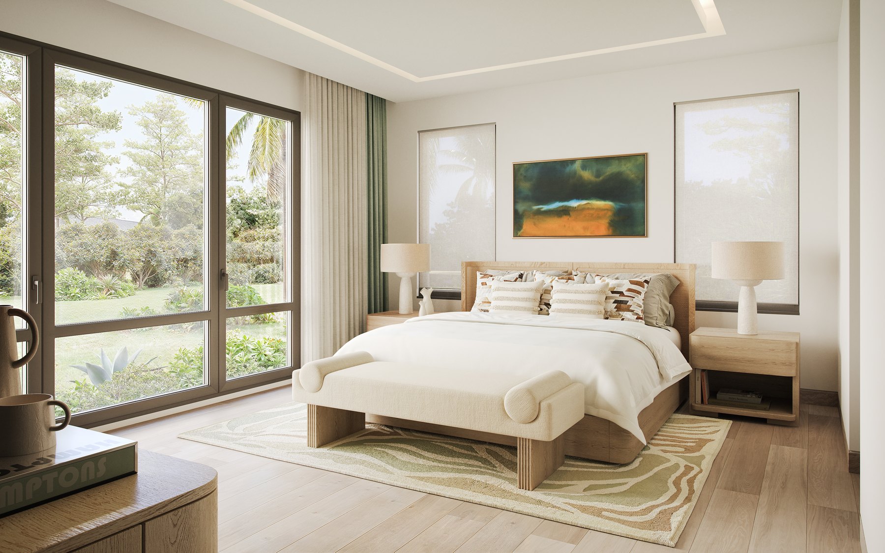 Artist's rendering of a primary bedroom with garden views at Four Seasons Nevis Residences