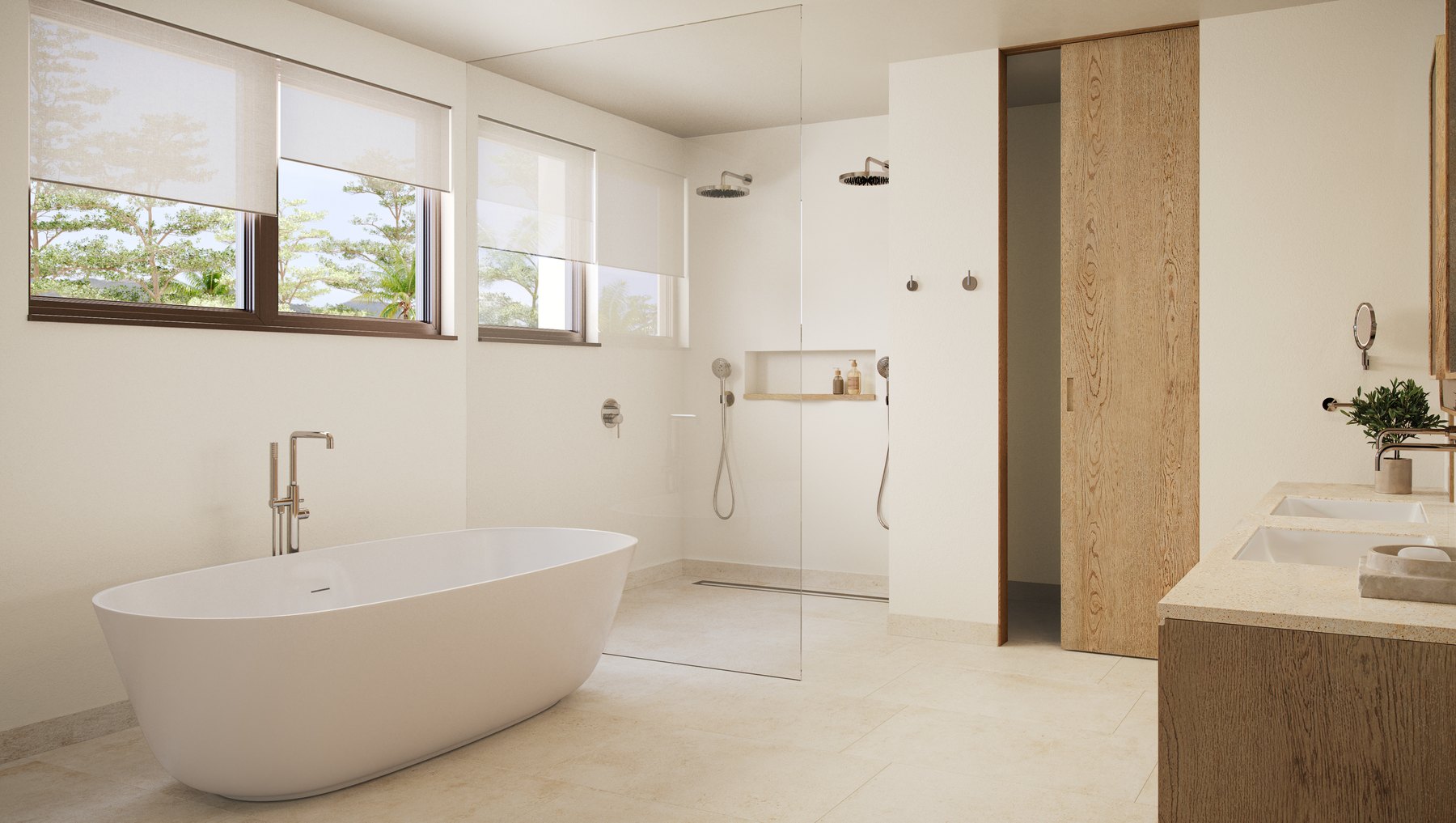 Artist's rendering of a primary bathroom with freestanding tub at Four Seasons Nevis