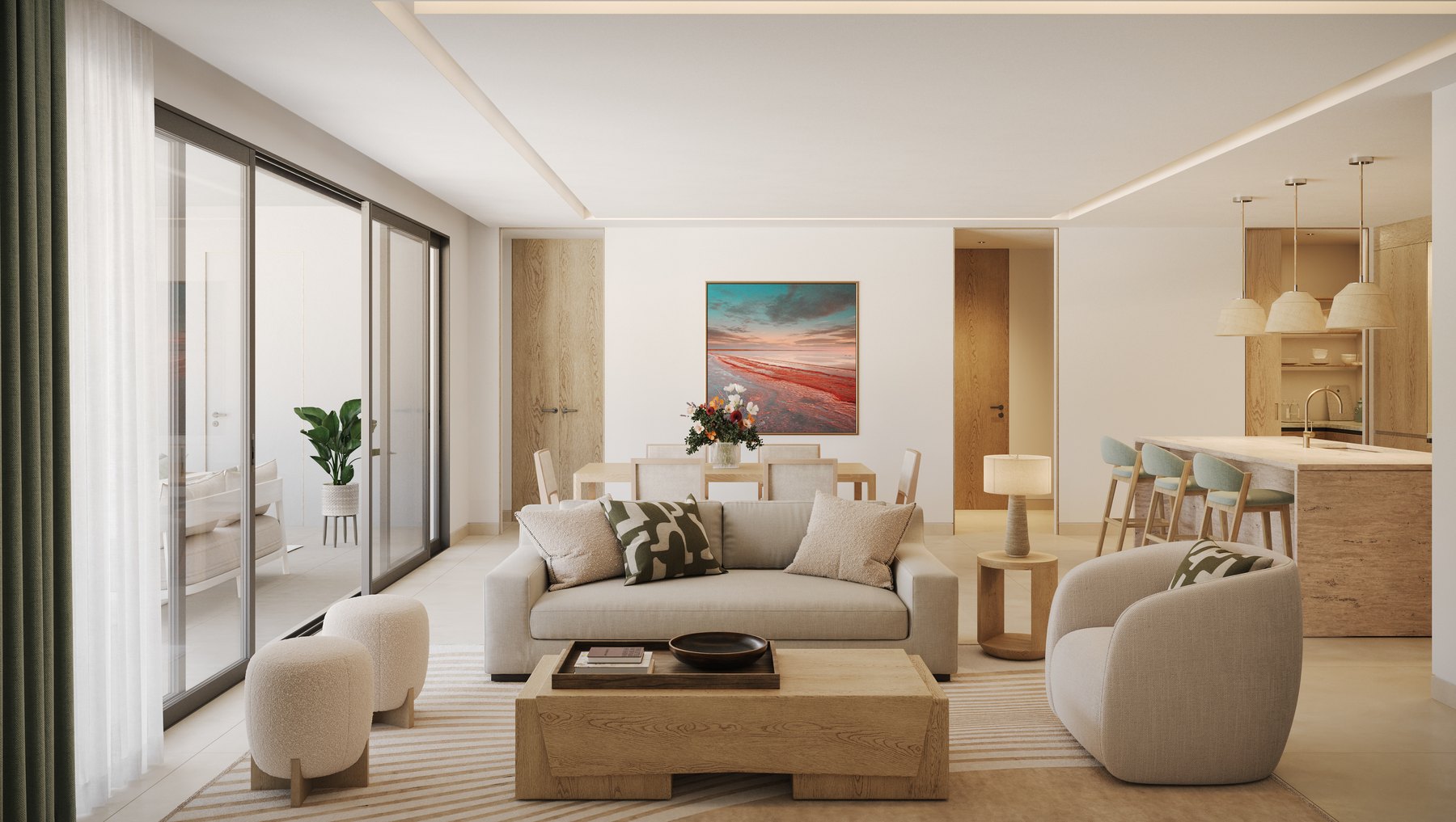 Artist's rendering of open-plan living, dining and kitchen in a Four Seasons Nevis residence