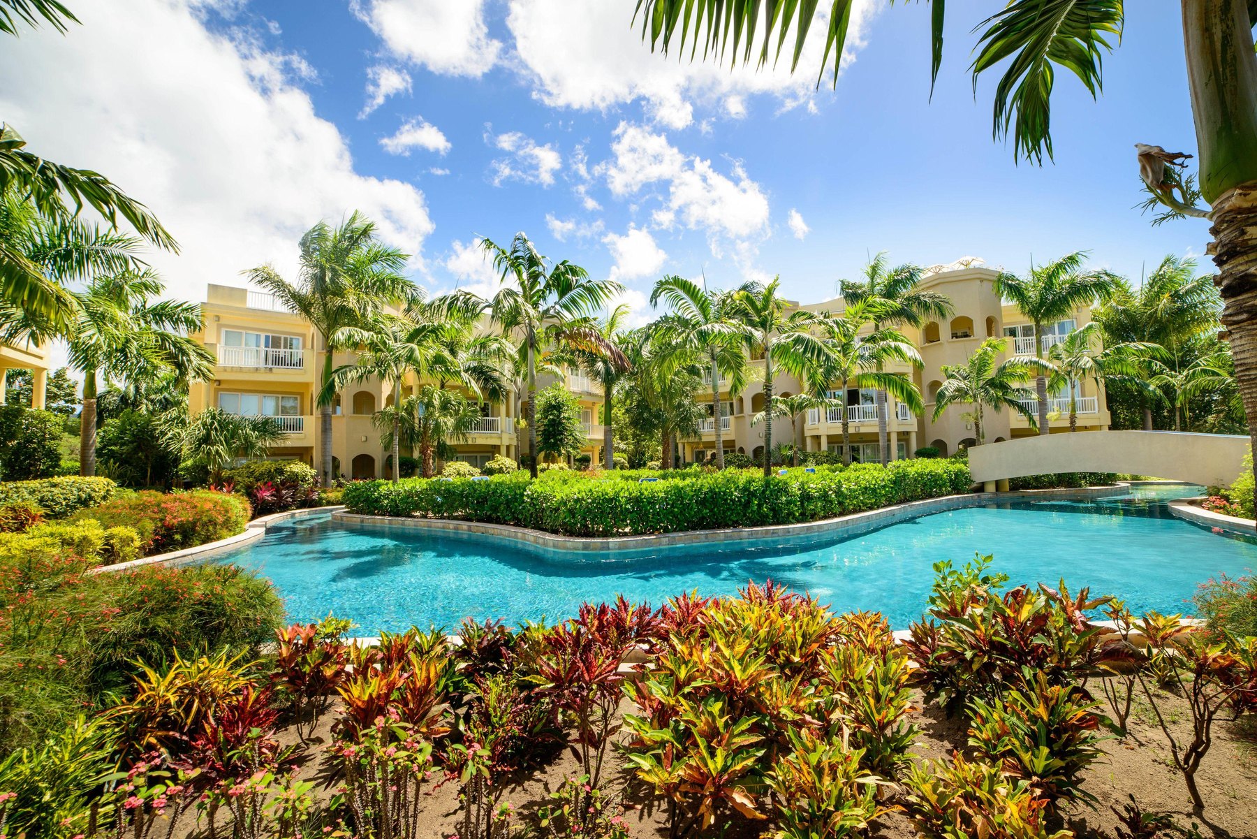 Free-form swimming pool framed by palms and villa buildings at Hamilton Beach Villas, Nevis