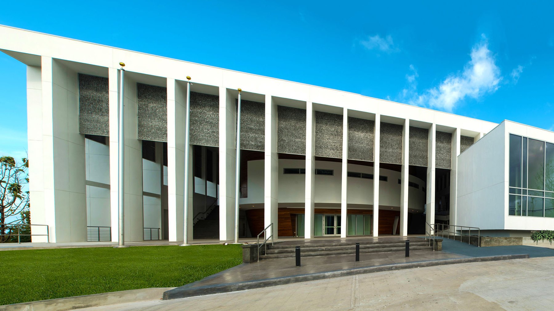 The white colonnaded frontage of Grenada's parliament building in St George's