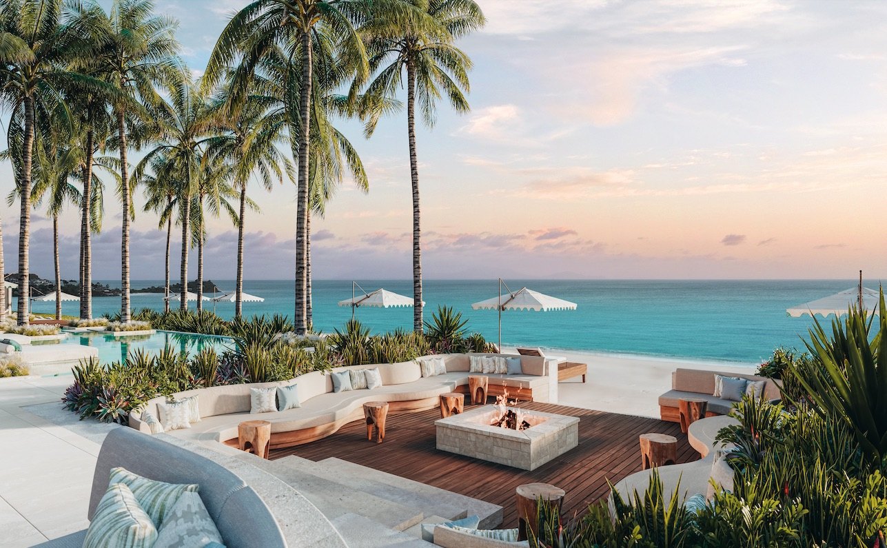 Artist's rendering of a sunset fire-pit lounge above the beach at Nikki Beach Antigua