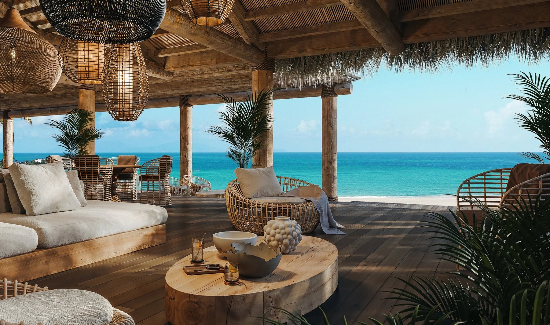 Artist's rendering of a thatched beach-club lounge with rattan seating facing the sea, Antigua