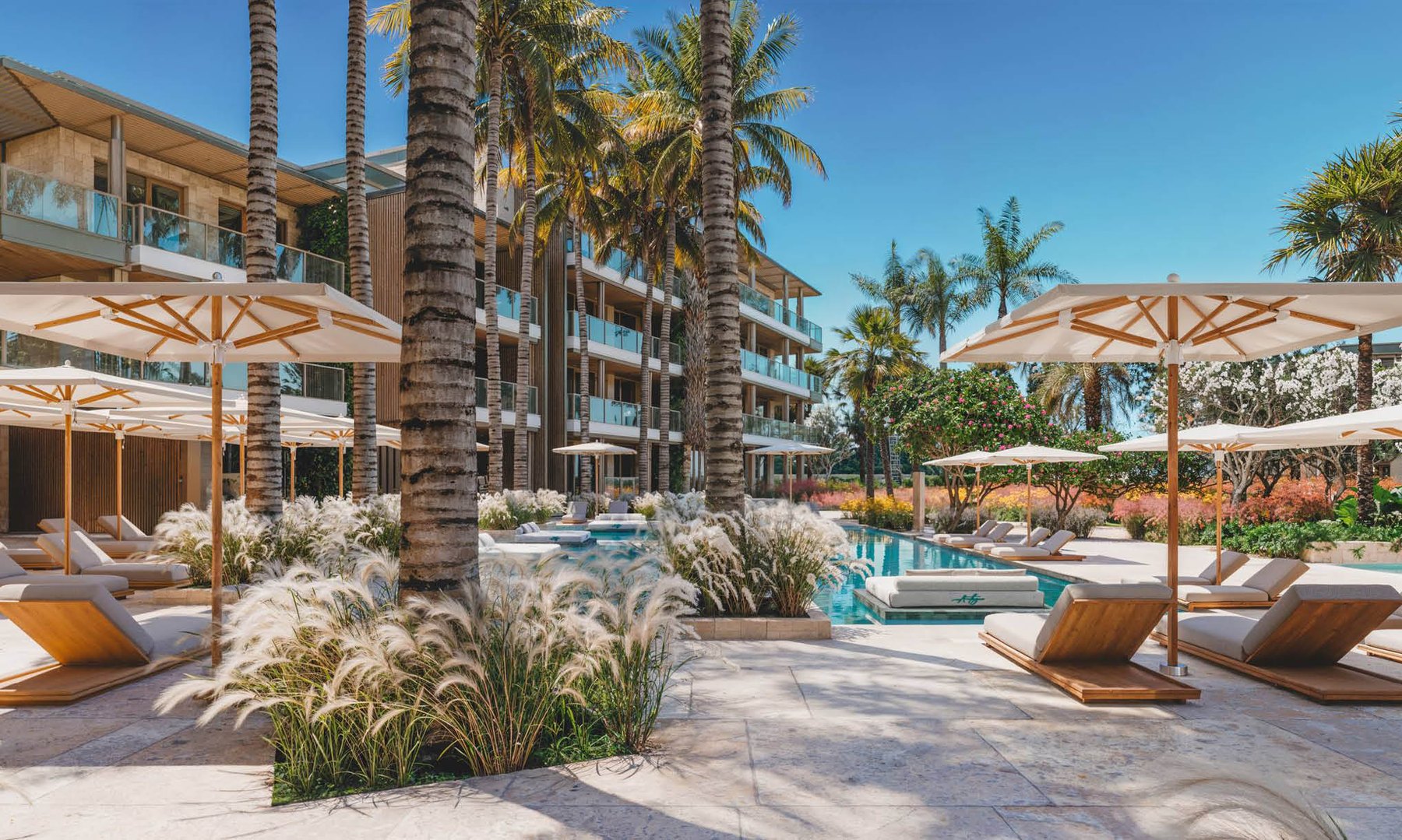 Artist's rendering of the Nikki Beach Antigua pool deck, loungers and residences behind palms