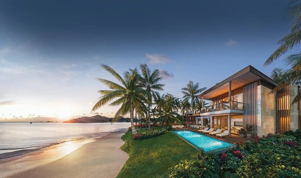 Artist’s rendering of Aerial of Jolly Beach and Jolly Harbour marina, Antigua, white sand against turquoise water
