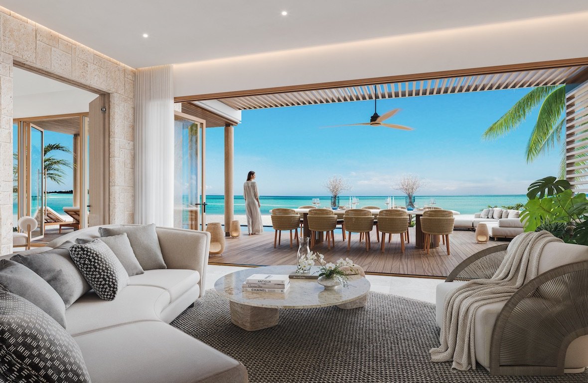 Artist's rendering of a Nikki Beach Antigua residence living room opening to a beachfront terrace