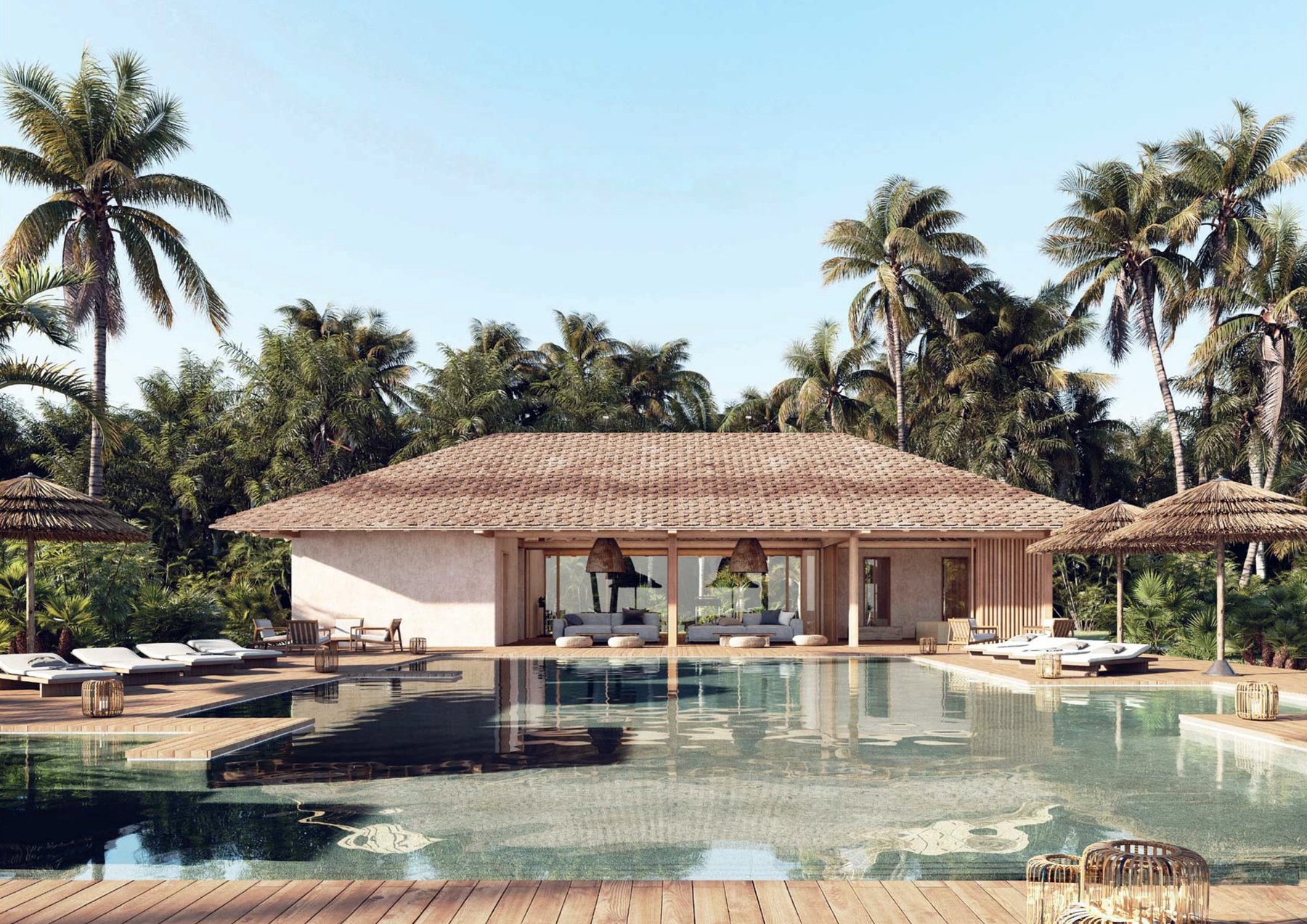 Artist's rendering of the pool pavilion and sun terrace at Nobu Barbuda residences