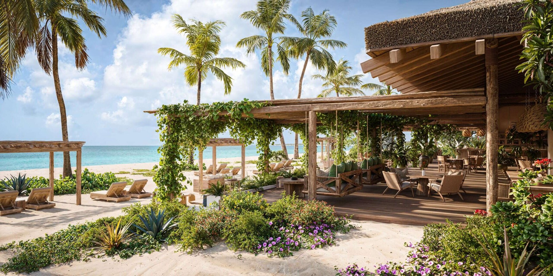 Artist's rendering of the beachfront restaurant terrace and loungers at Nobu Beach Inn, Barbuda