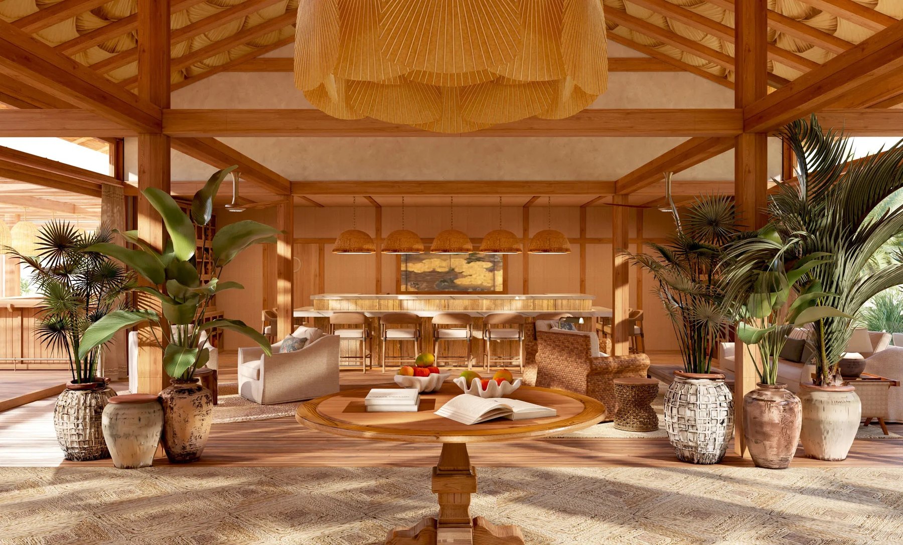 Artist's rendering of the open-air timber lounge and bar interior at Nobu Barbuda