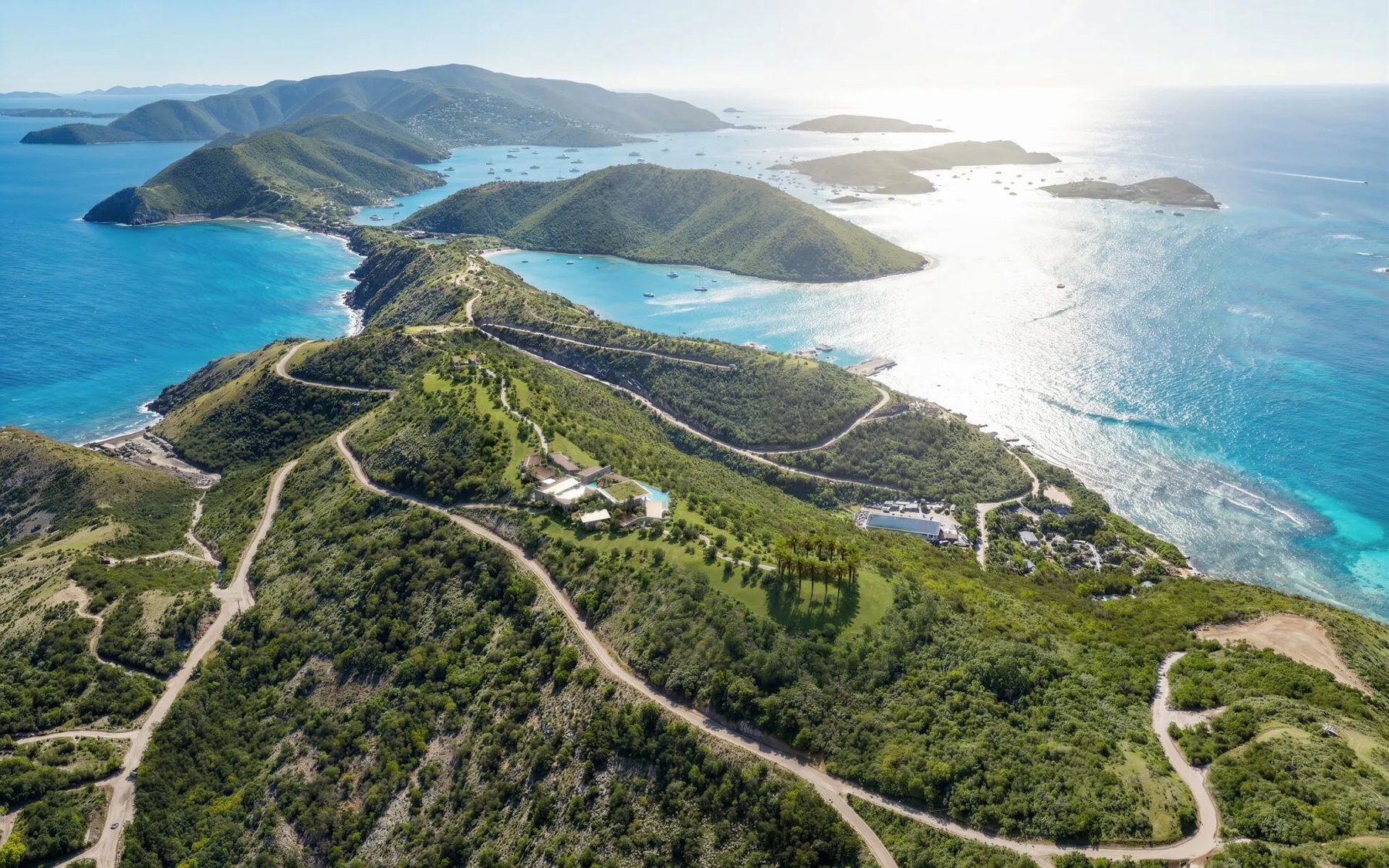 Aerial of the Oil Nut Bay headland on Virgin Gorda's east end looking across North Sound