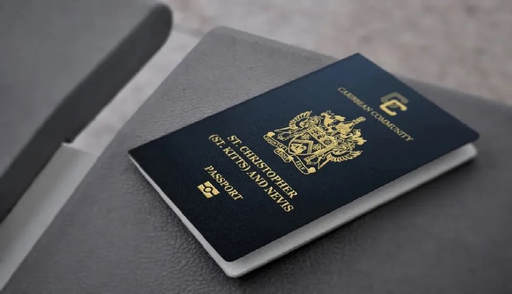 A dark blue passport with a gold crest resting on a leather notebook
