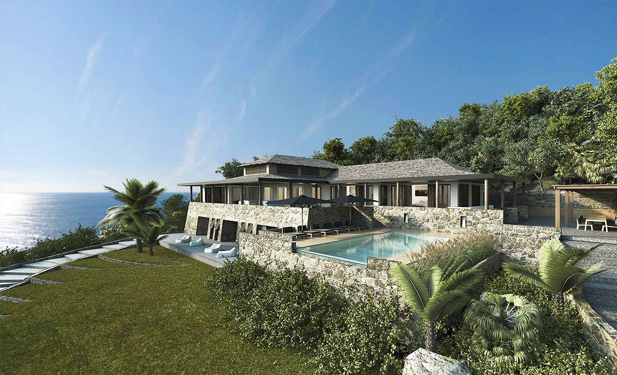 Artist's rendering of a stone-clad hillside villa and pool overlooking the sea at Pearns Point