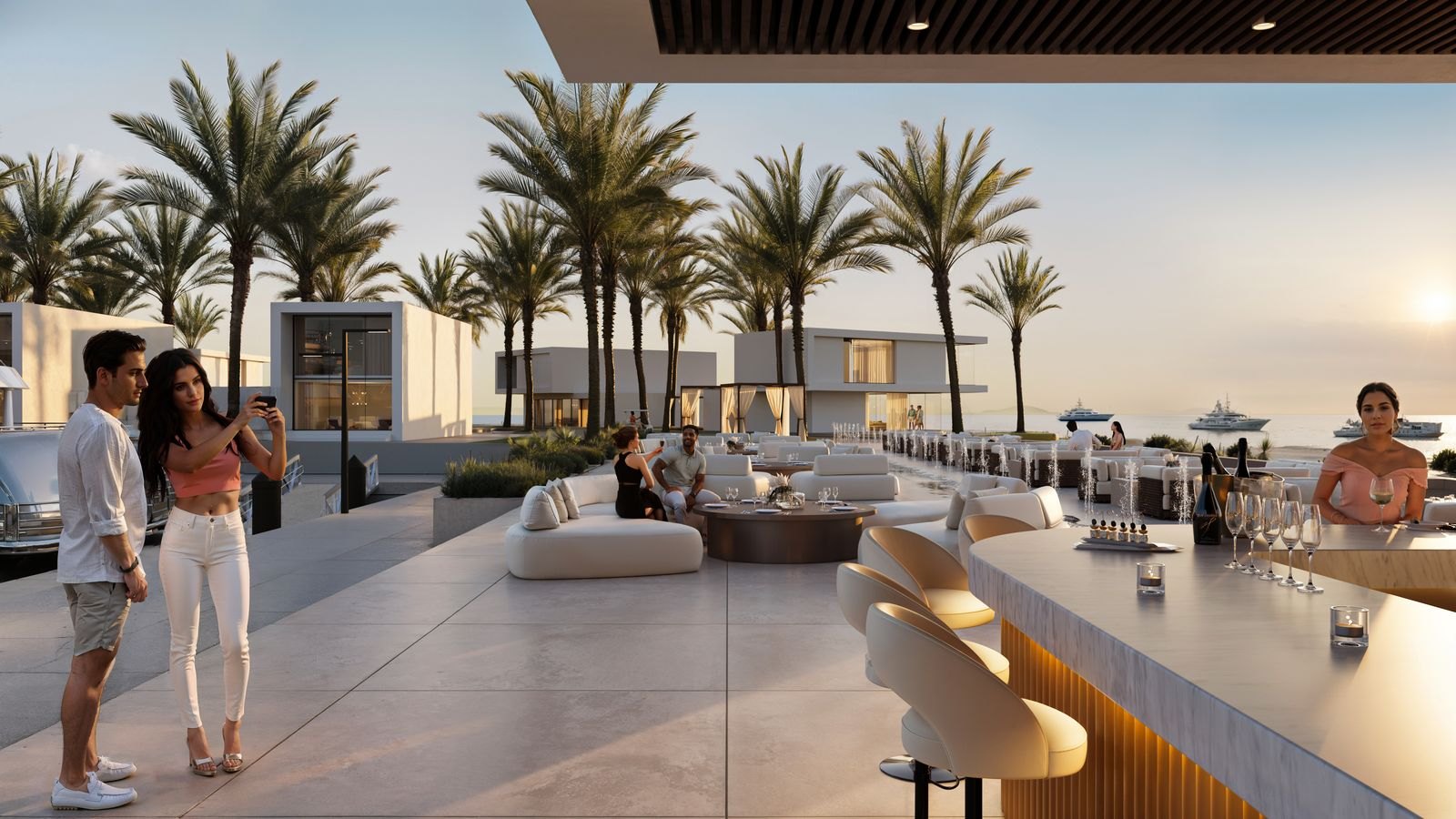 Artist's rendering of Port Nimara's rooftop terrace bar overlooking the Anguilla marina at dusk