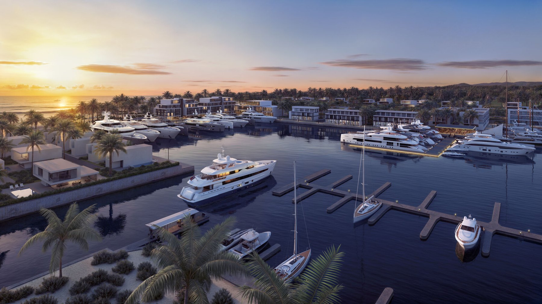 Artist's rendering of Port Nimara's marina at sunset, superyachts along the quay, Anguilla