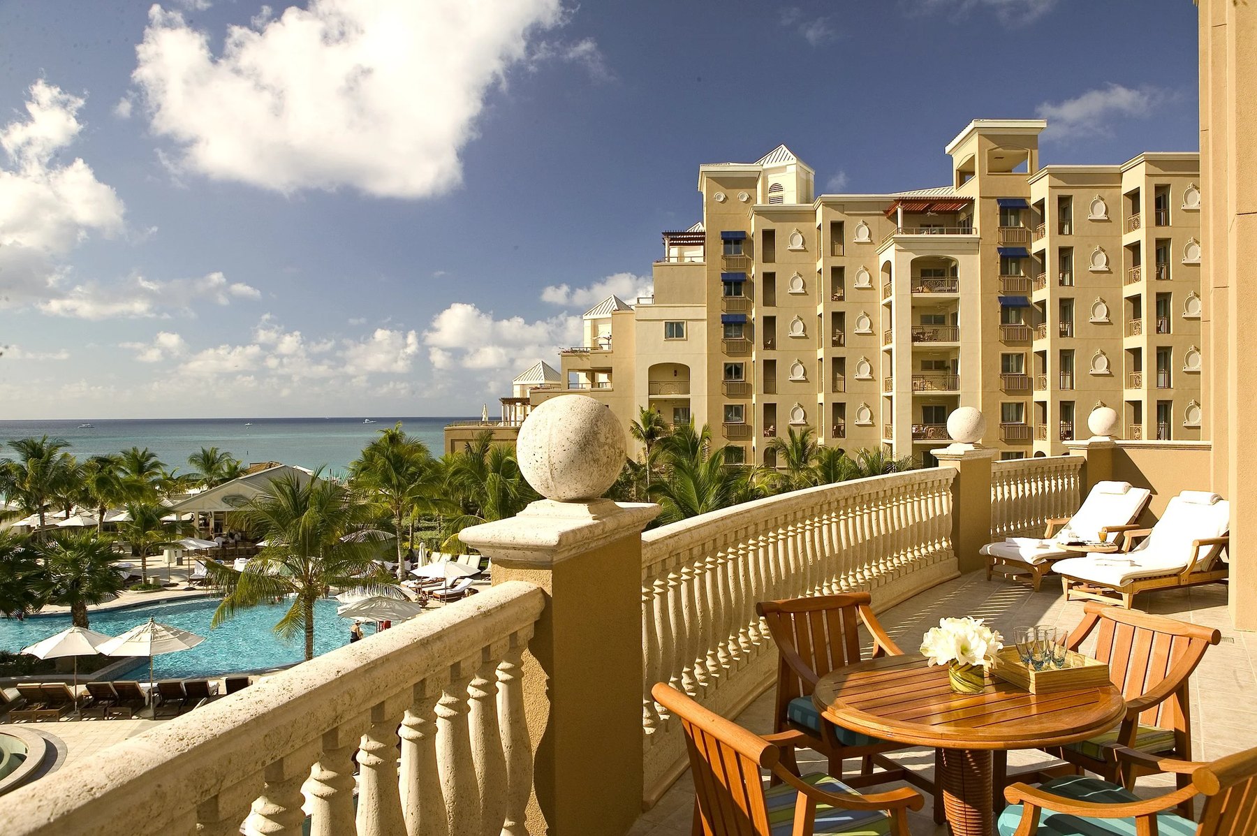 Ochre residence towers and lagoon pool above Seven Mile Beach at the Ritz-Carlton, Grand Cayman