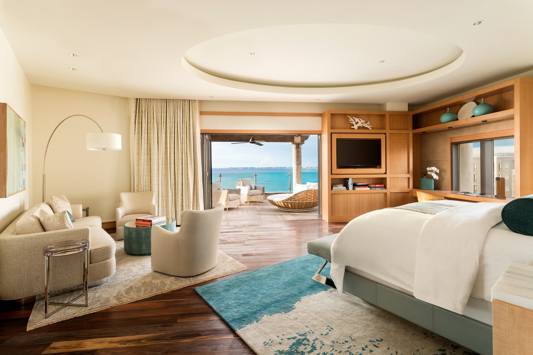 Primary bedroom opening to a sea-view terrace, Ritz-Carlton Residences, Seven Mile Beach, Grand Cayman