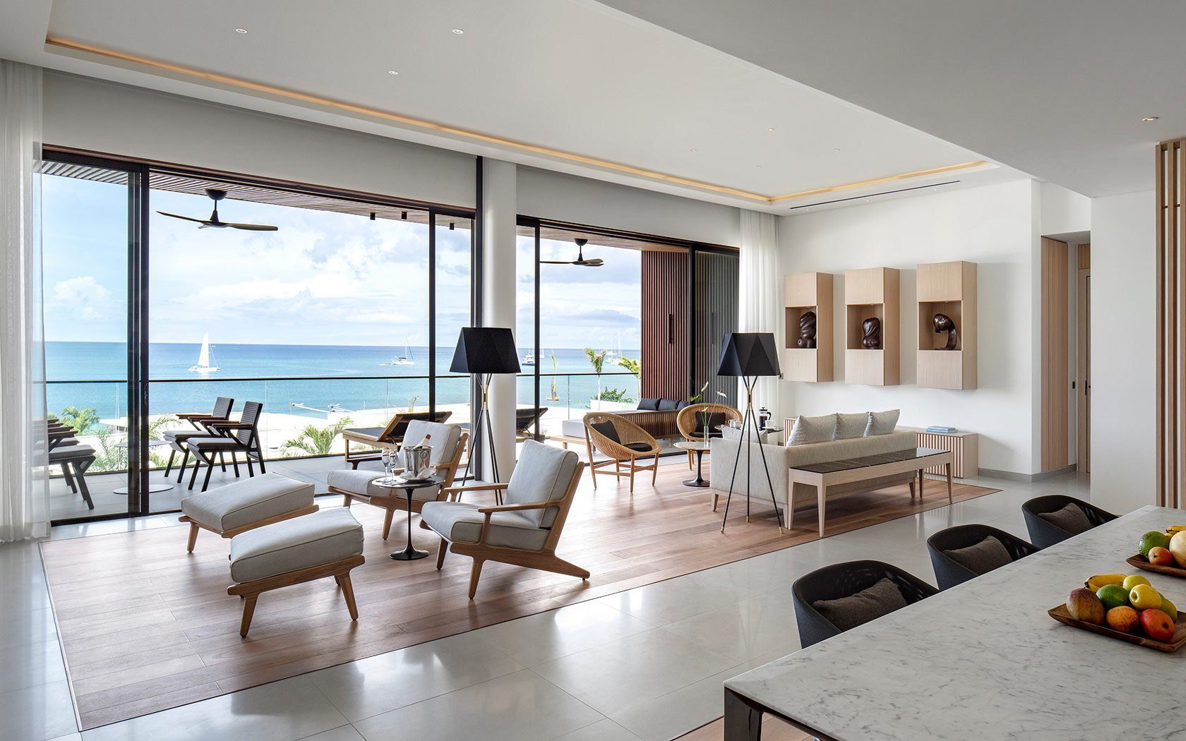 Open-plan living room with sea views over Grand Anse beach at Silversands, Grenada