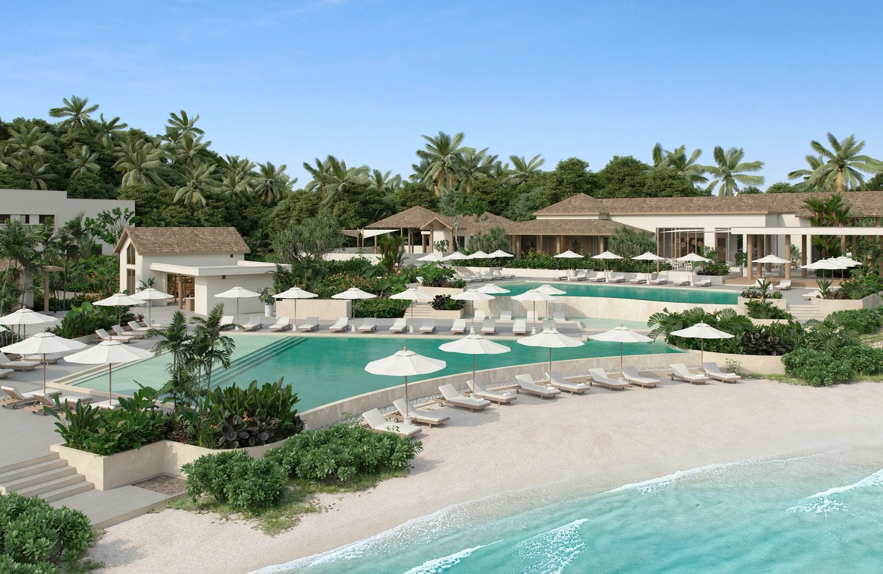 Artist's rendering of beachfront pool terrace and loungers at Six Senses La Sagesse, Grenada