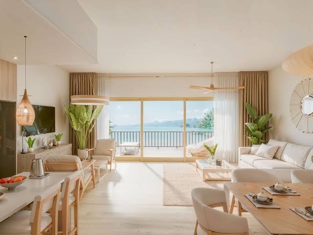 Open living and dining room with sea-view terrace, Six Senses La Sagesse residence, Grenada