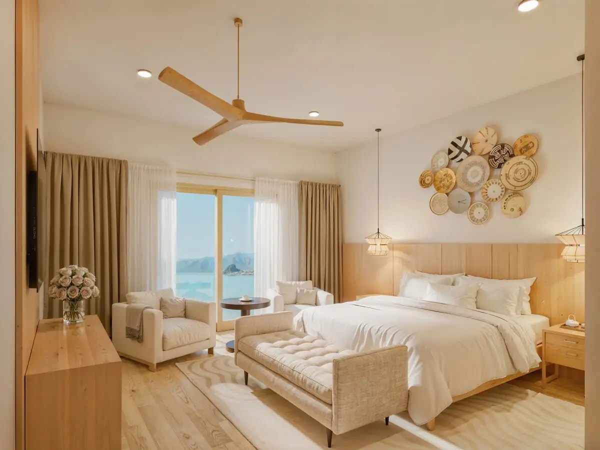 Bedroom in a completed Six Senses La Sagesse residence overlooking the Grenada coastline